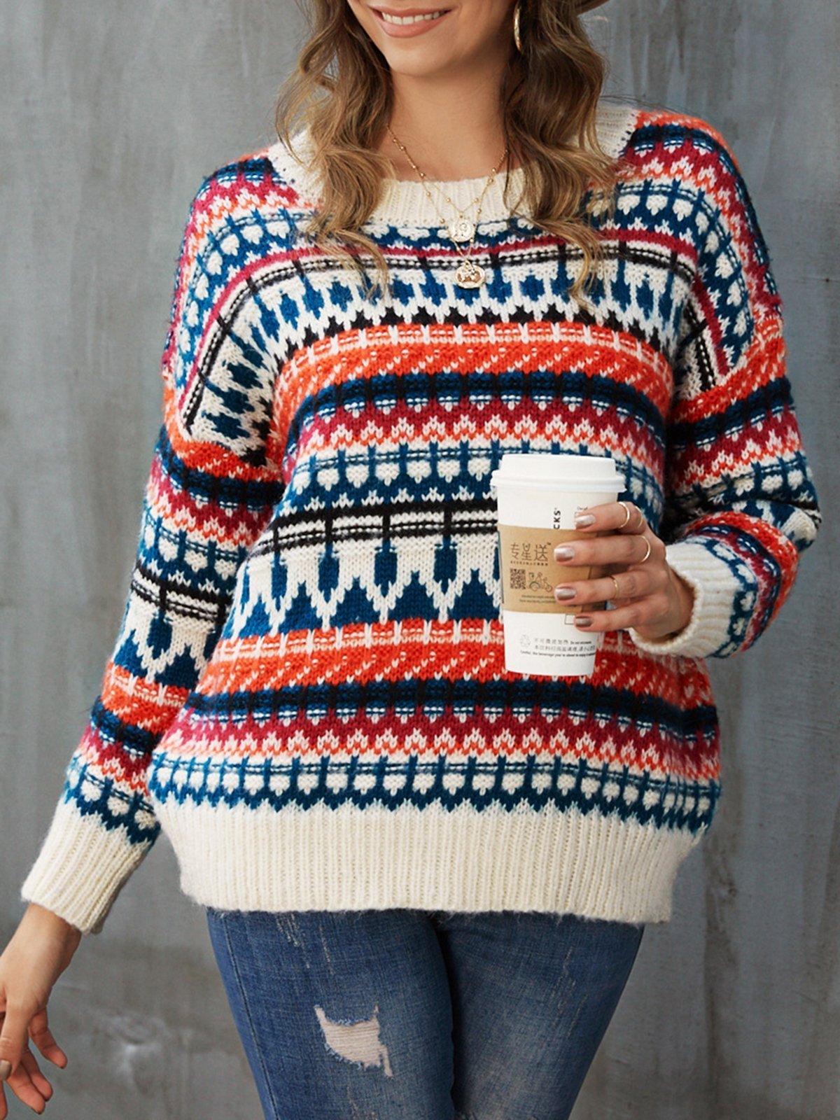 White Casual Tribal Sweater