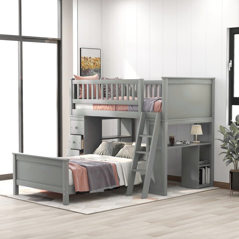Ethaniel Twin Over Twin 4 Drawer Solid Wood L-Shaped Bunk Beds with Bookcase by Harriet Bee