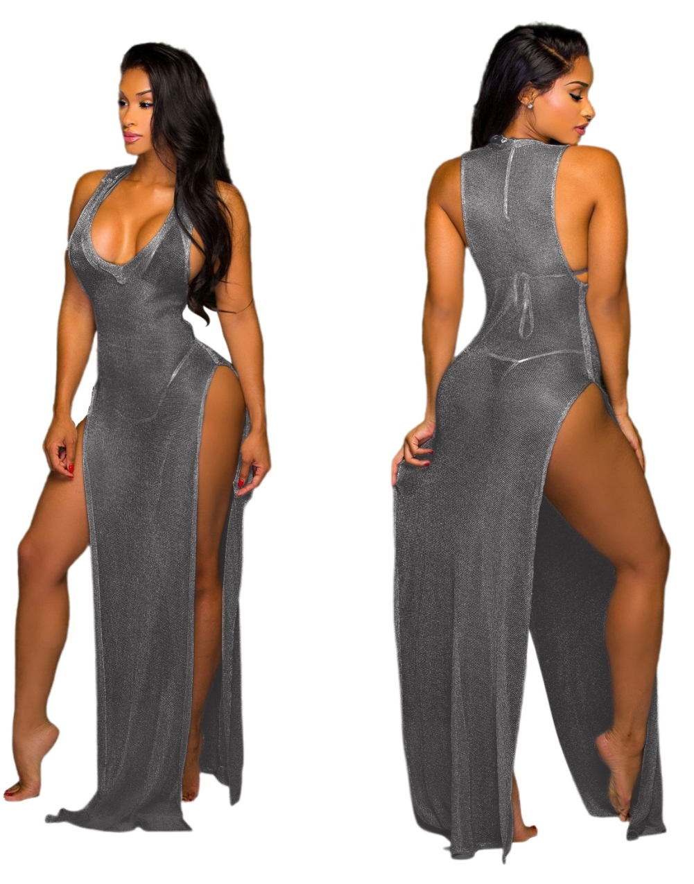 Sexy Metallic Slit Sleeveless Long Party Dress