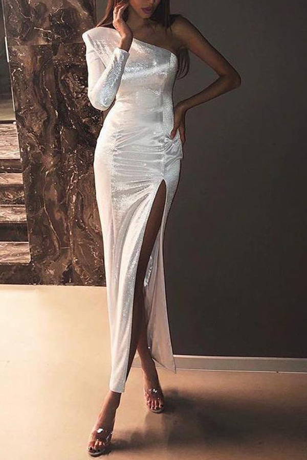 One-Shoulder Slitted Sparkling Dress
