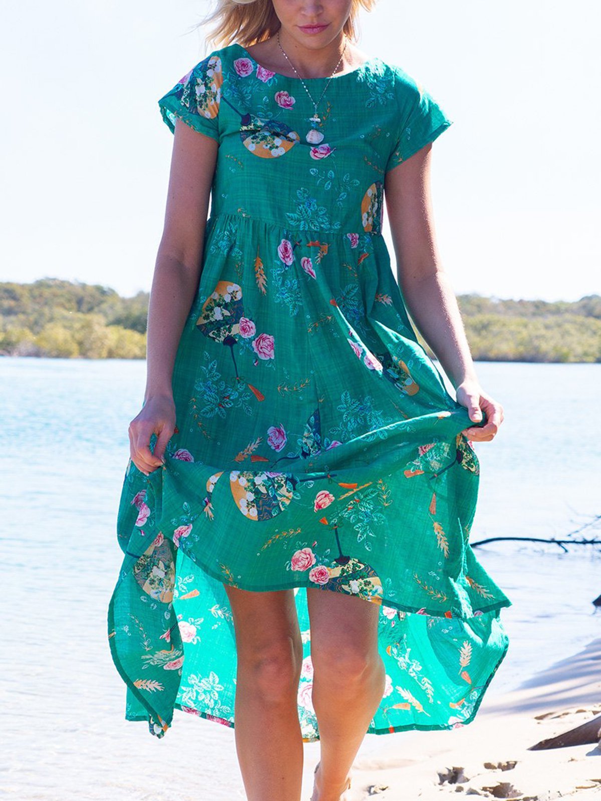 Casual Short Sleeve Cotton-Blend Floral Dresses