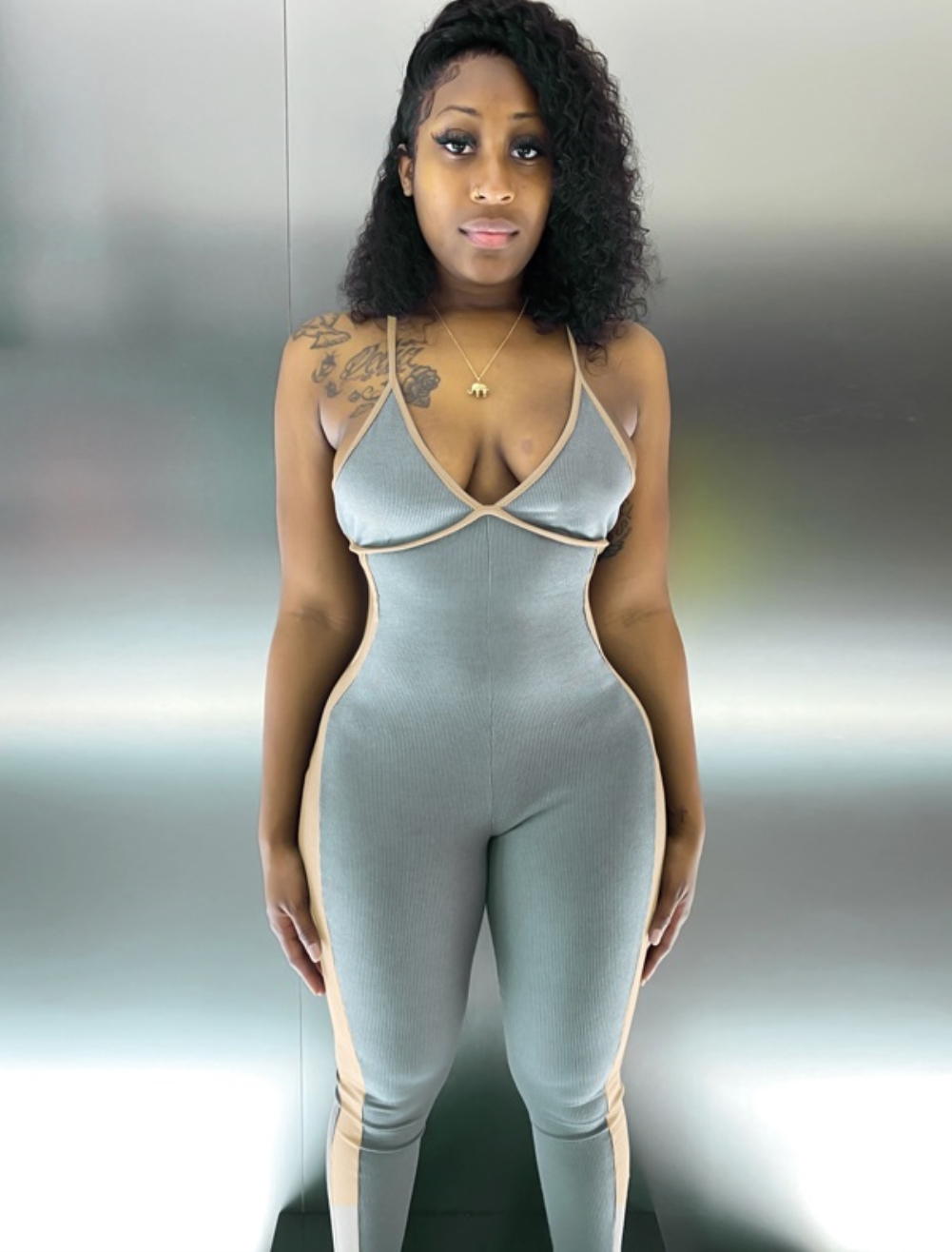 Sports Fitness Contrast Halter Jumpsuit