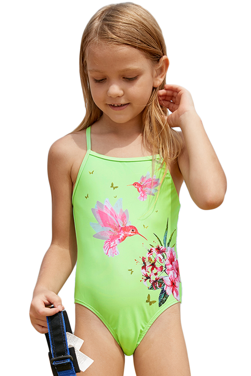 Neon Green Floral and Birds Little Girls One-piece Swimwear