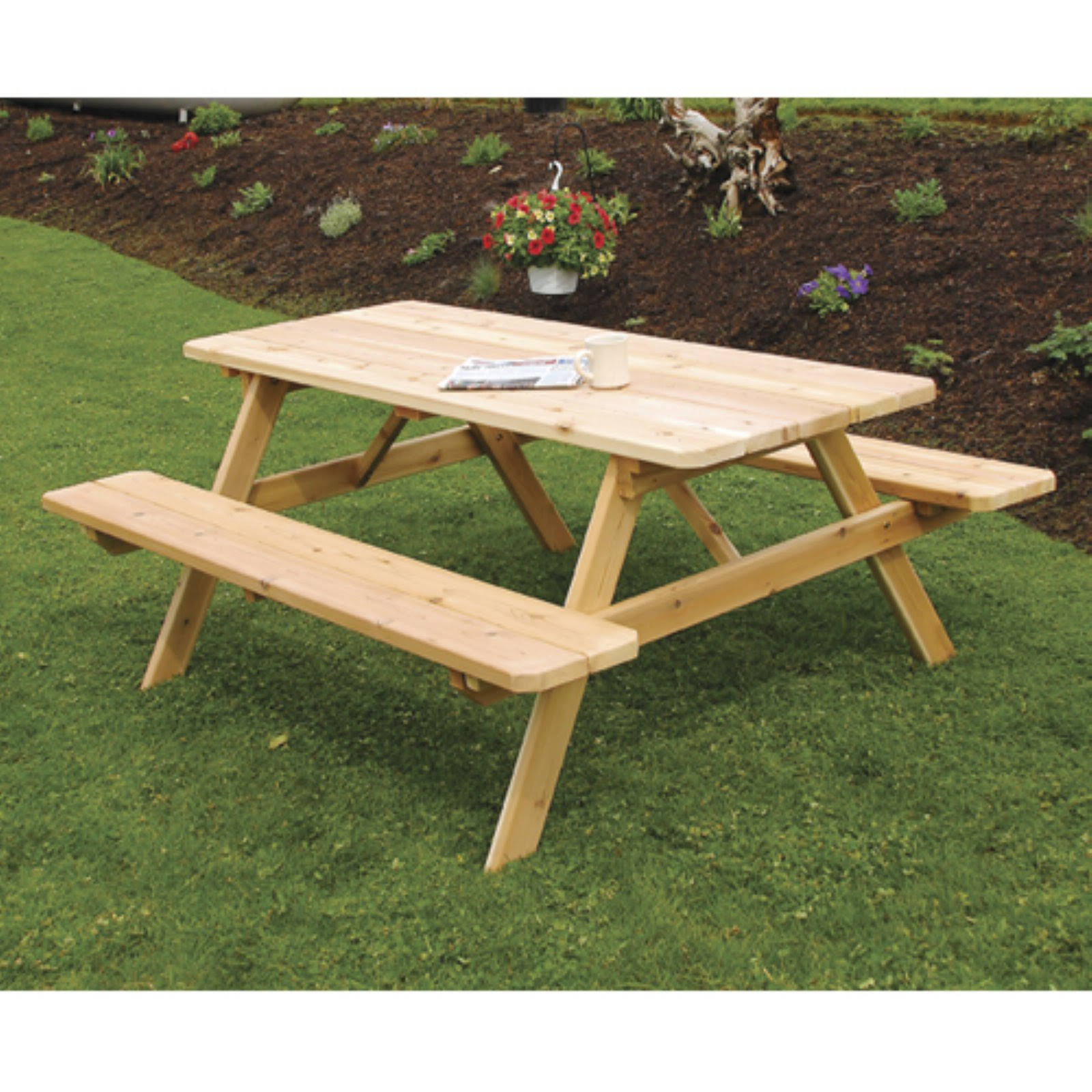 A L Furniture Western Red Cedar Picnic Table with Attached Benches
