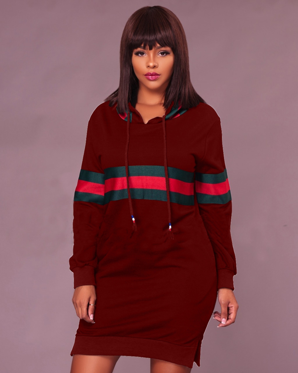 Striped Print Long Sleeve Hoody Dress