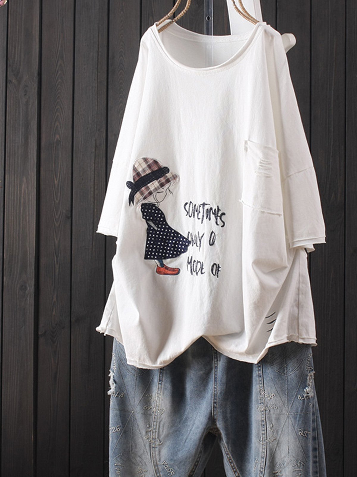 Cotton-Blend Round Neck Printed Shirts & Tops