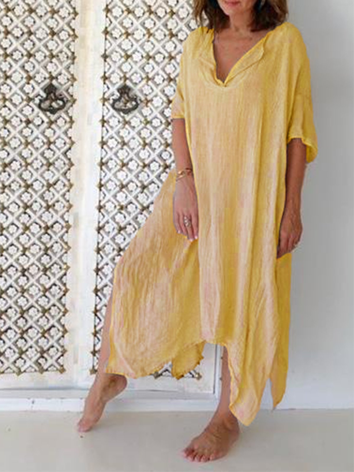 Casual Half Sleeve V Neck Solid Dresses