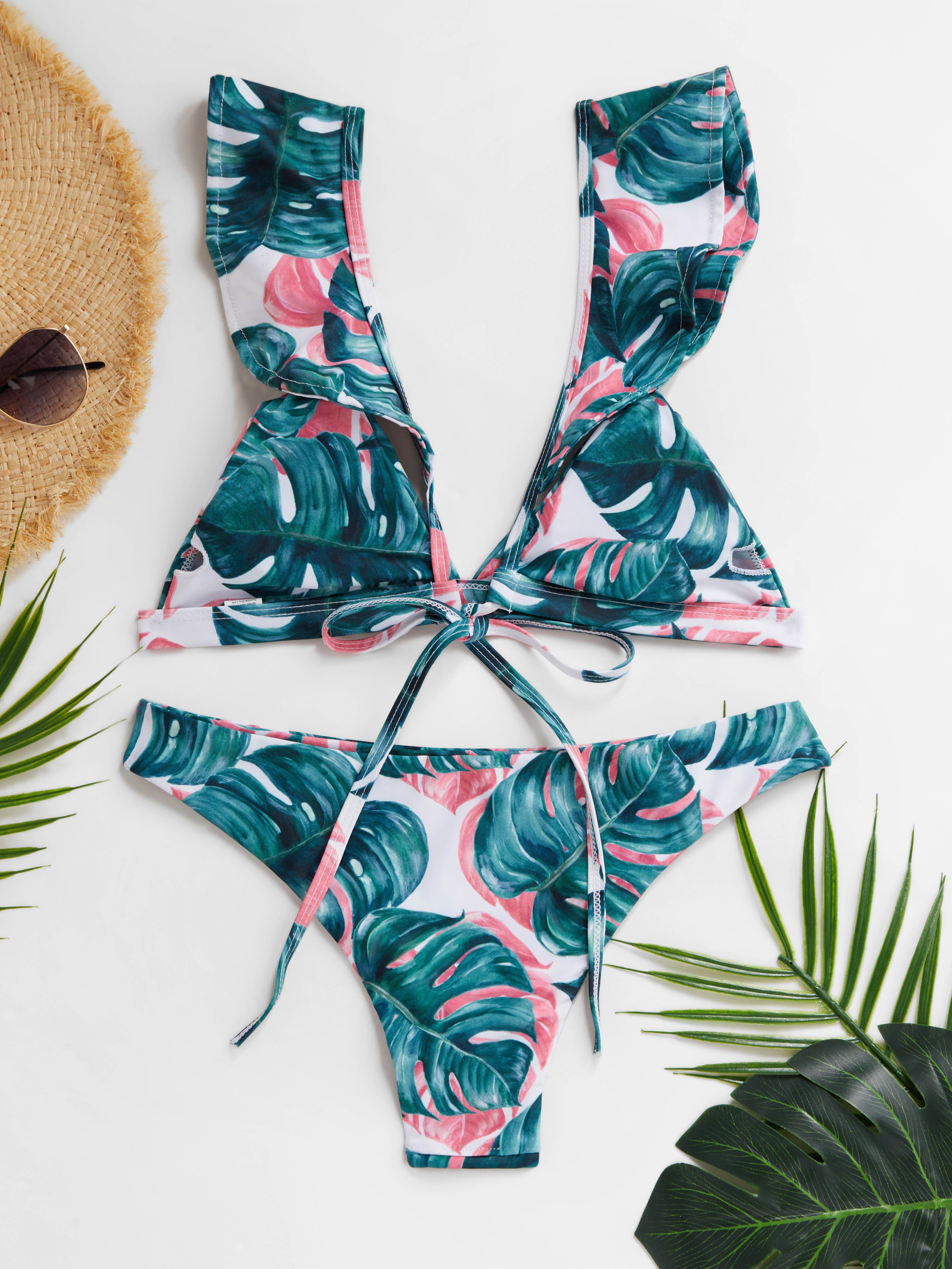 Frilled Tie Floral Print Bikini