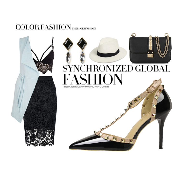 9CM Sexy Shallow Pointed Rivet Hollow Dress Elegant Sandals