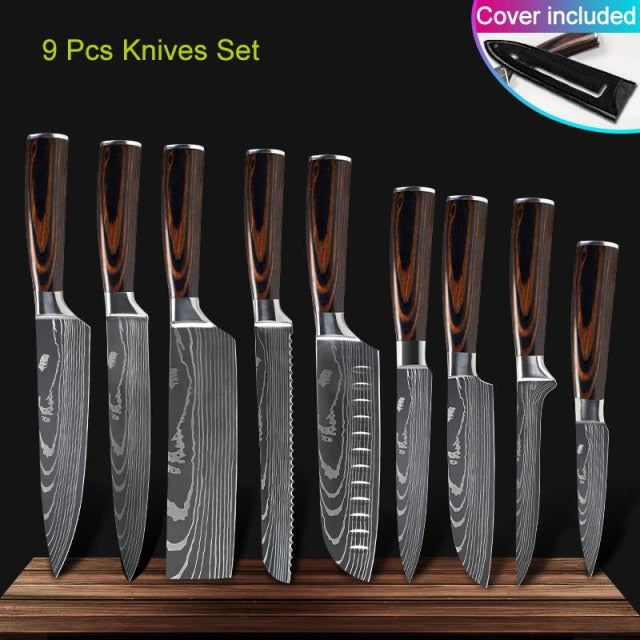 Kitchen knives Set Professional Chef Knives Stainless Steel Imitation Damascus Pattern Santoku Cleaver Slicing Utility Knives