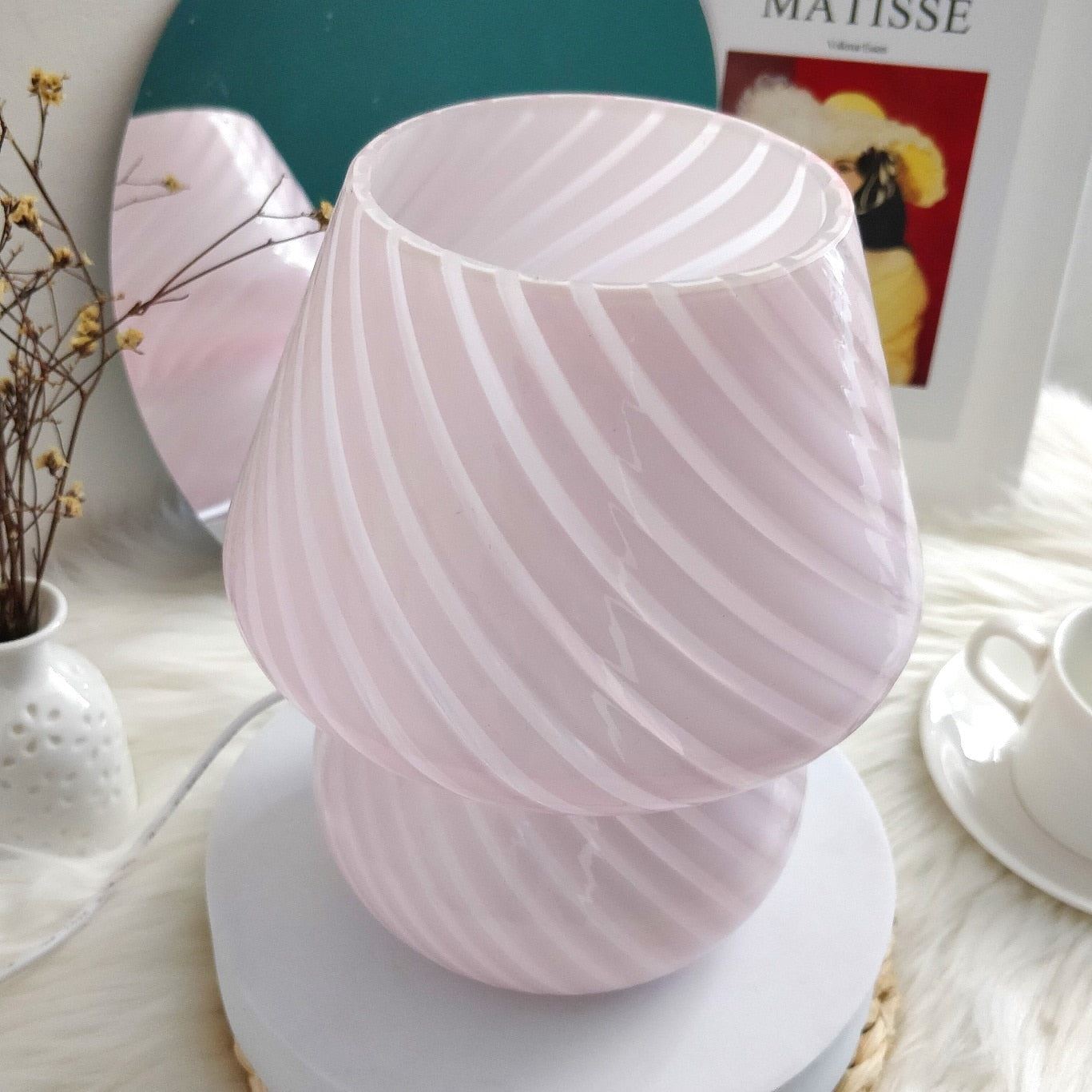 Glass LED Mushroom Table Lamp Bedroom Bedside Lampe Striped Mushroom