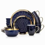 Stone Lain Porcelain 16 Piece Dinnerware Set, Service for 4, Blue and Golden Rim