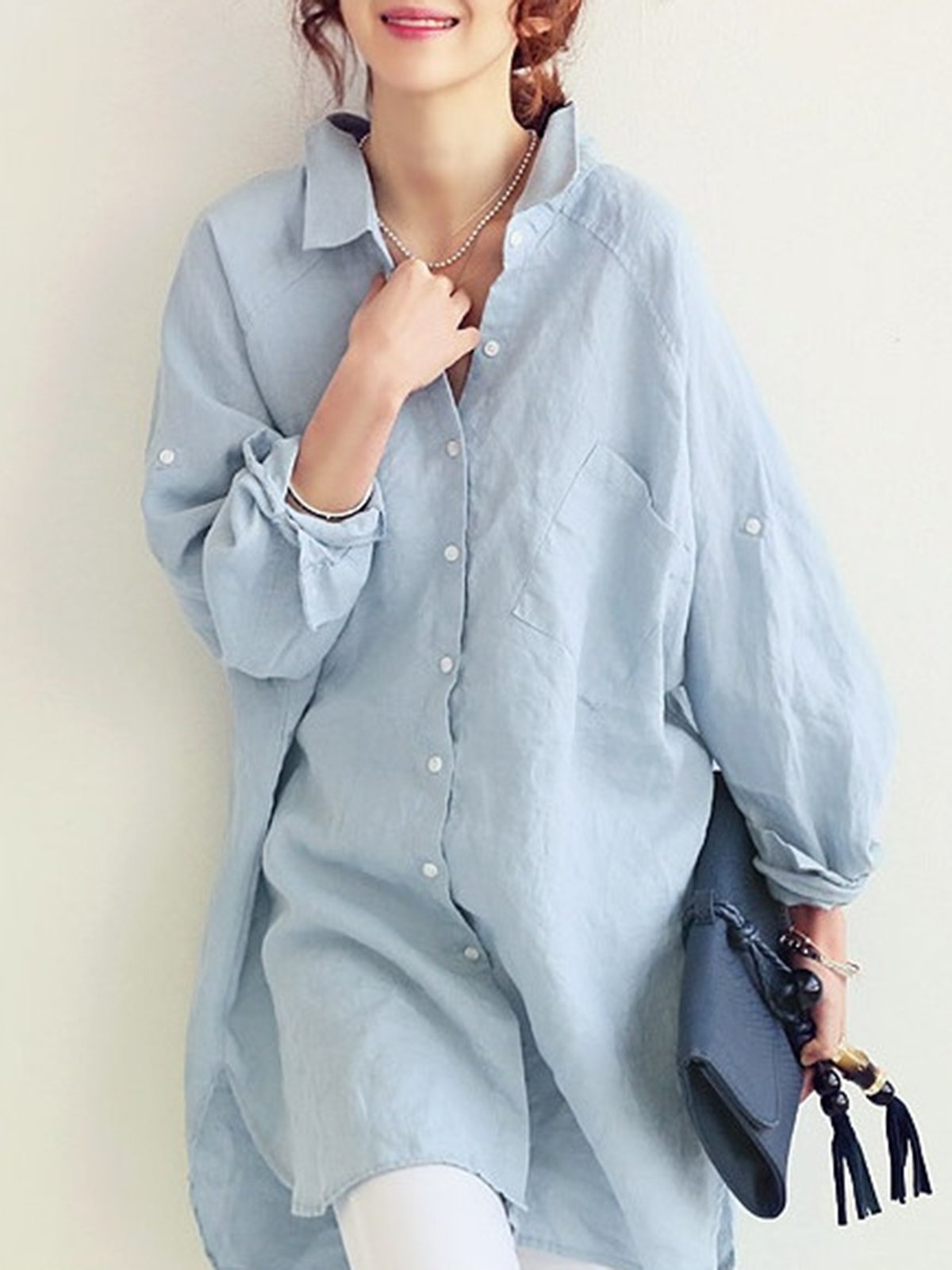 Solid Shirt Collar Linen Casual Blouse