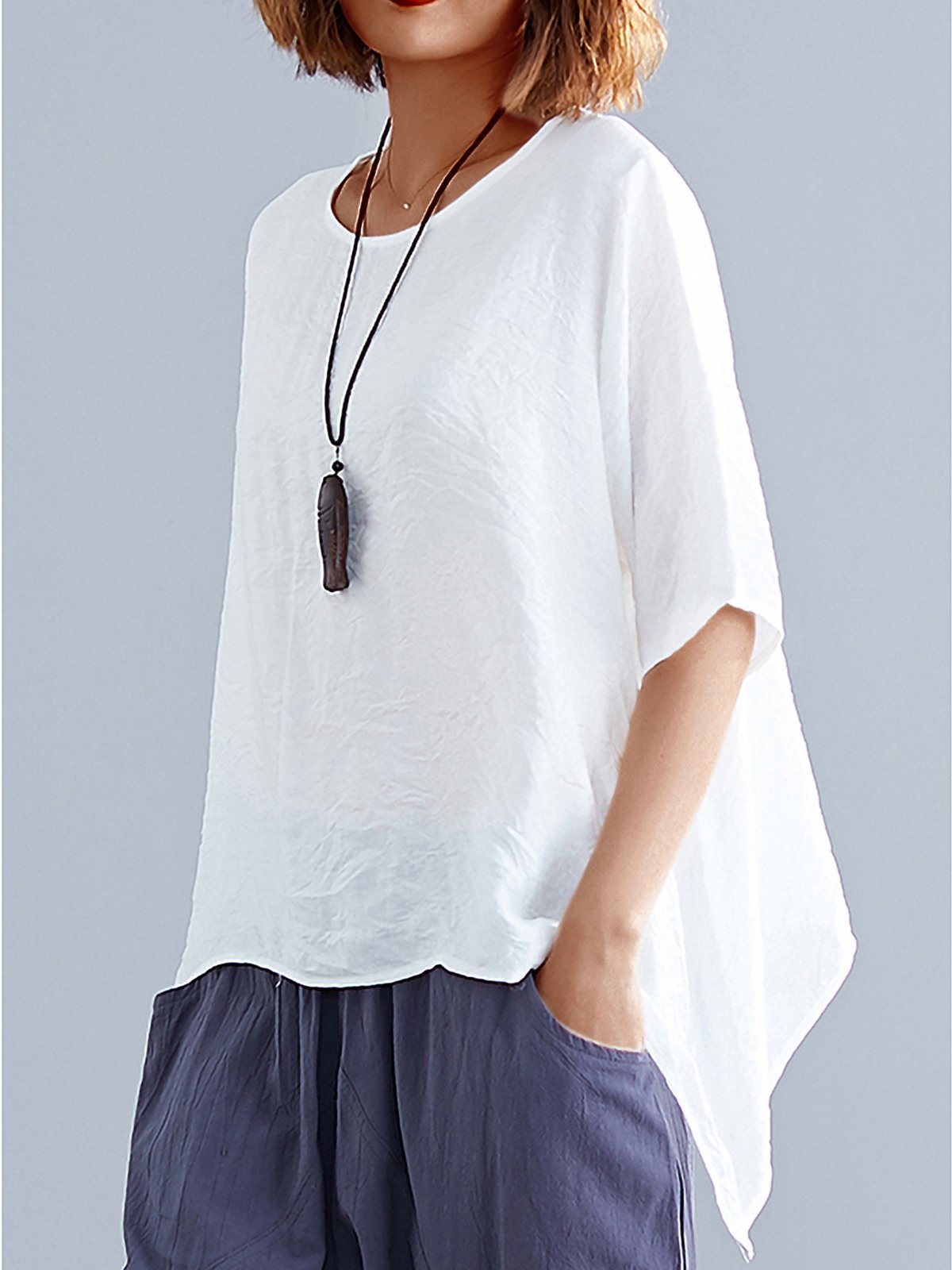 Plus Size Women Short Sleeve Round Neck Solid Loose Casual Tops