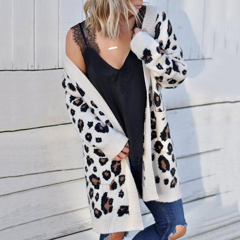 Fashion Leopard Print Pockets Loose Sweater Cardigan