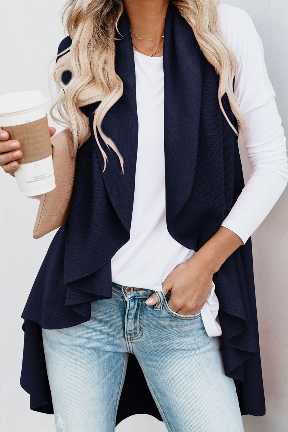深蓝色无袖中长款开襟垂褶马甲外套