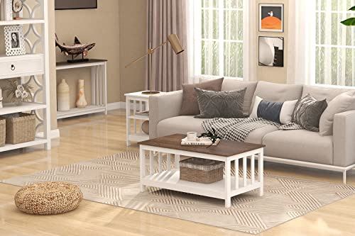 ChooChoo White Coffee Table, Farmhouse Living Room Table with Shelf / 40 Inch