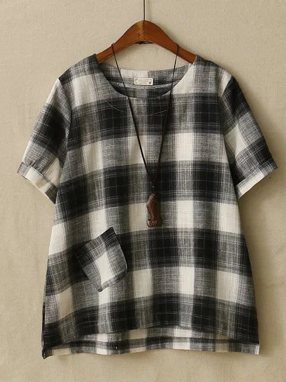 Women Casual Loose Tops Tunic Plaid Blouse Shirt