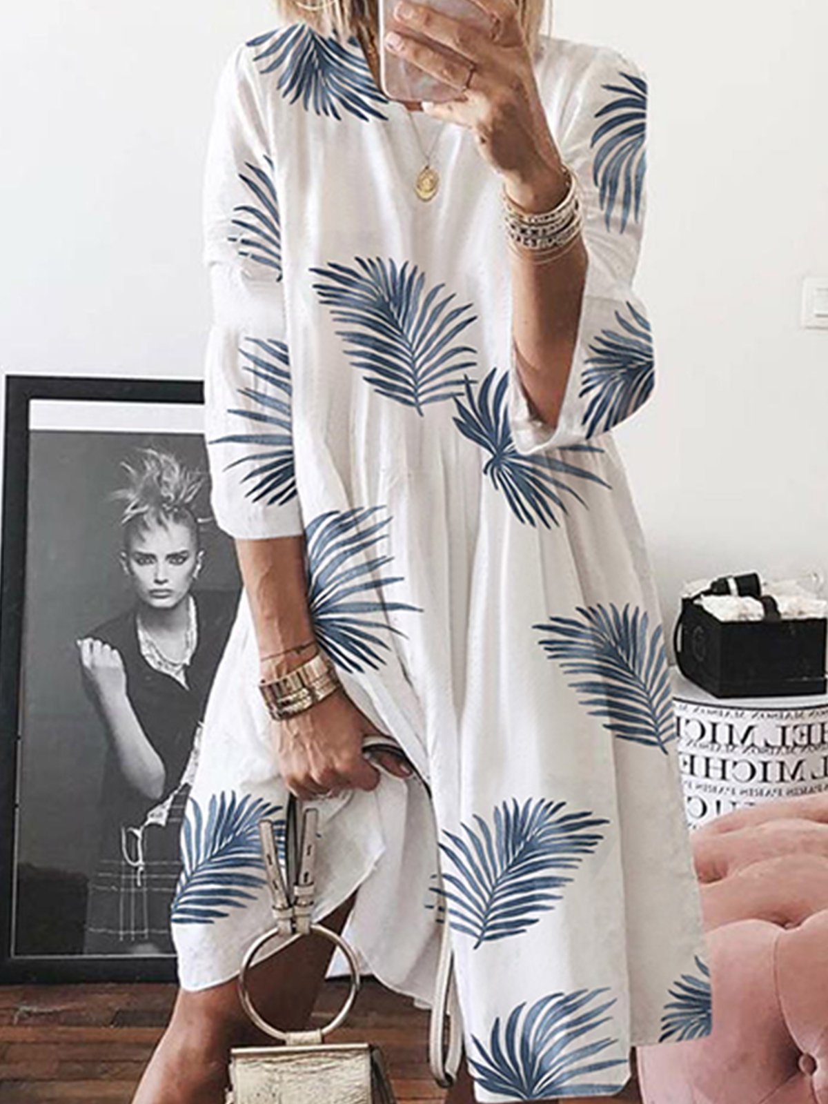 A-Line Half Sleeve Printed Cotton-Blend Dresses