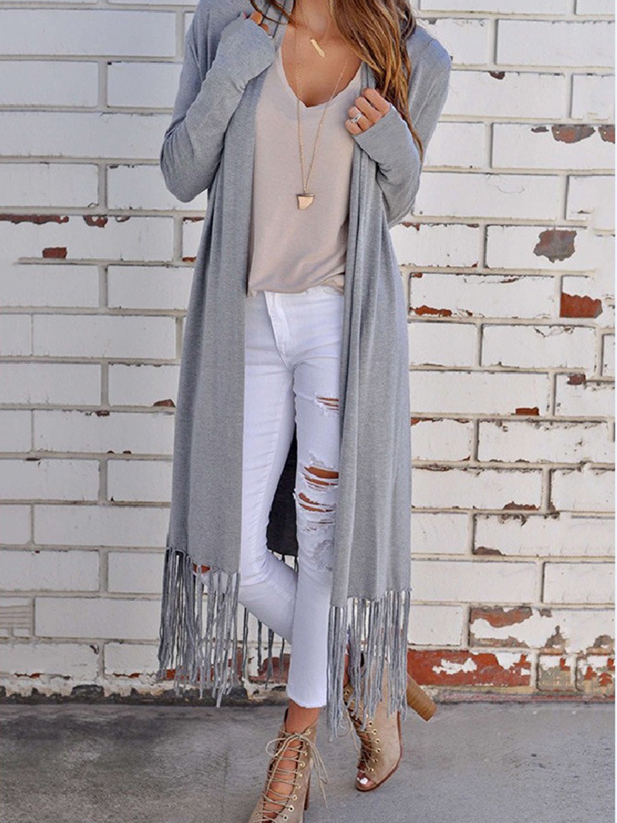 Casual Stripes Fringed Long Sleeve Polyester Cardigan