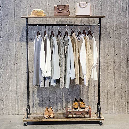 Heavy Duty Display Pipe Clothing Rack on Wheels with Wood Shelf