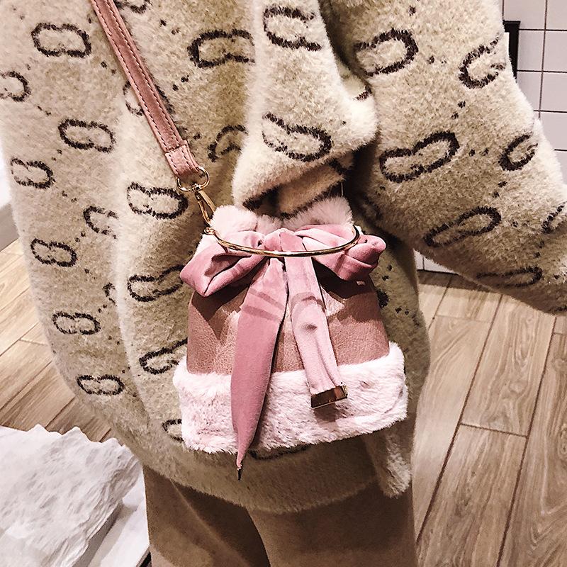Portable Bow Girls Ladies Small Bag Plush Shoulder Bucket Bag