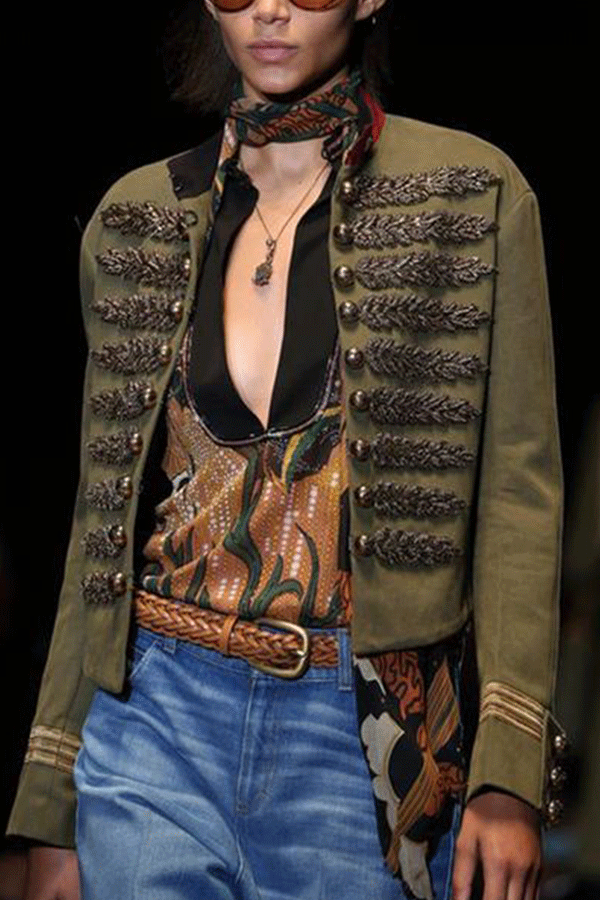 Classic Embroidery Stand Collar Long Sleeve Blazer