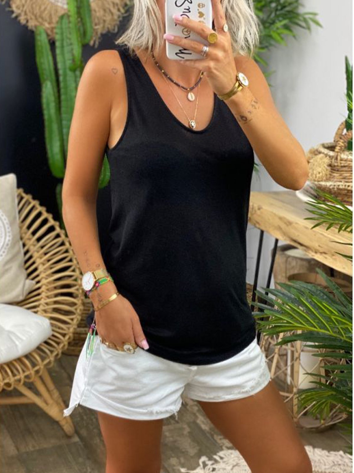 Black V Neck Basic Jersey Shirts & Tops