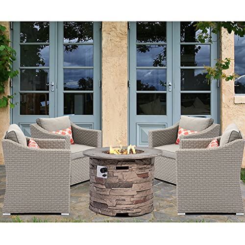 HOMPUS Outdoor Patio Furniture 4-Piece Gray Wicker Conversation Sofa Set Armchairs w 32-inch Round Imitation Stone Fire Pit Table, 40,000 BTU for Garden, Pool, Backyard