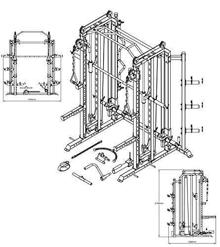 MiM USA Full Gym Set of Functional Trainer Smith Machine Power Cage & Adjustable Weight Bench W/Preacher Curl- Black & Silver