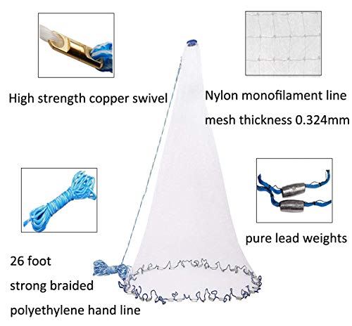 JSHANMEI Fishing Cast Net Fishing Throw Net, with Heavy Duty Pure Sinker Weights