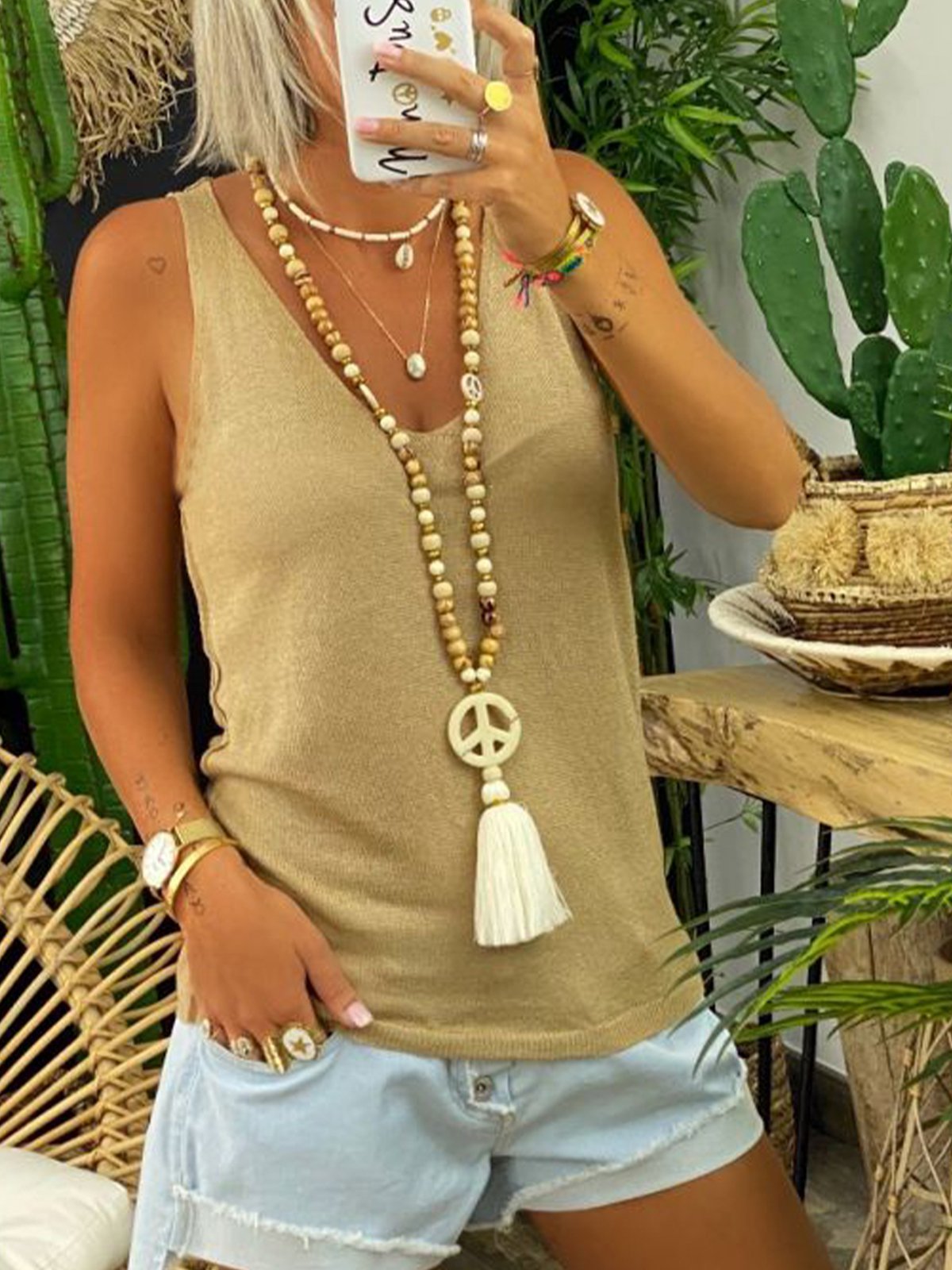 Khaki Shift Jersey V Neck Sleeveless Shirts & Tops