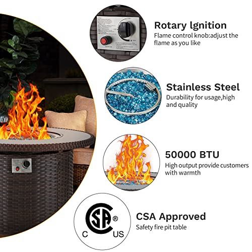 EROMMY Gas Fire Pit Table,38 Inch 50,000 BTU Round Propane Firepits with Lid and Fire Glass,CSA Certification,Add Warmth and Ambience to Gatherings and Parties on Patio Deck Garden Backyard,Brown