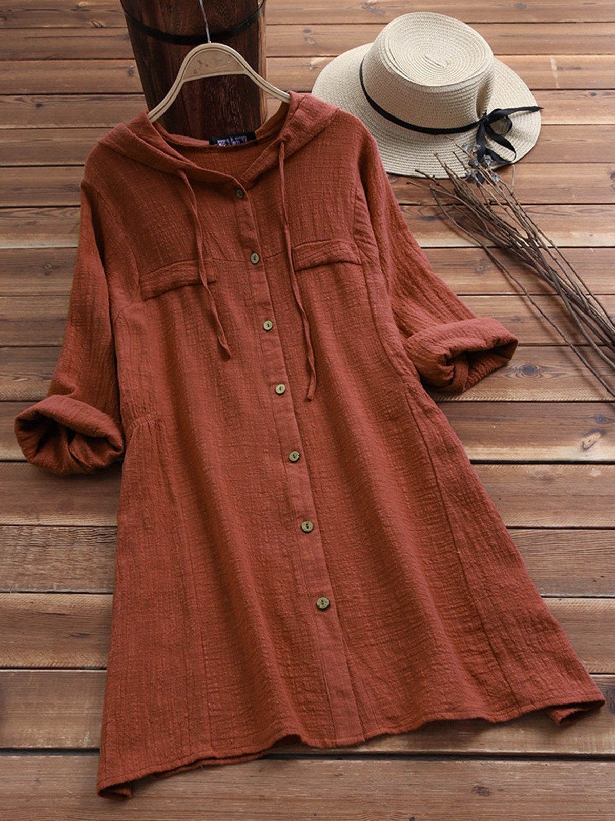 Casual Buttoned Solid Hooded Blouse