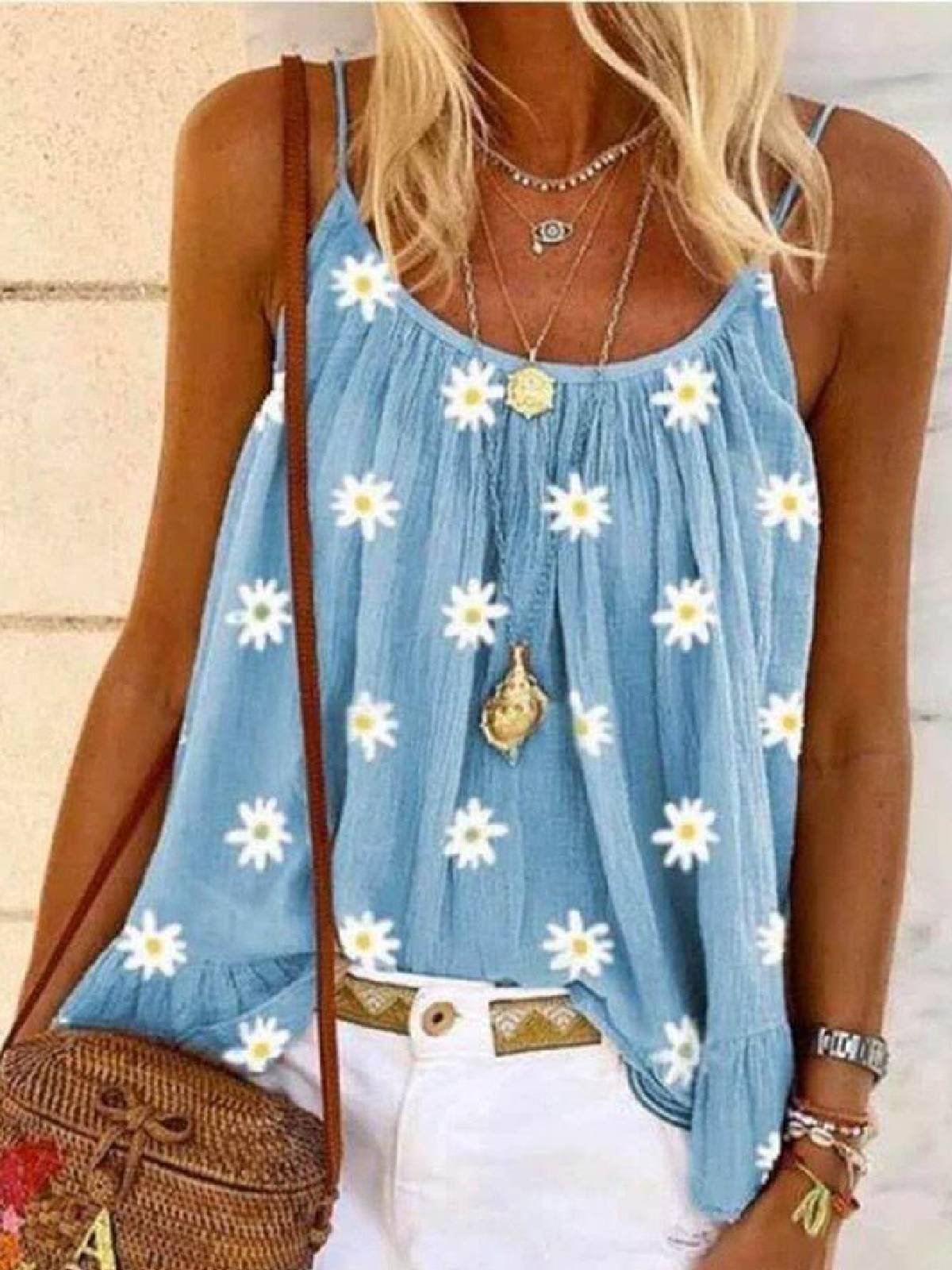 Sleeveless Floral-Print Casual Spaghetti Shirts & Tops