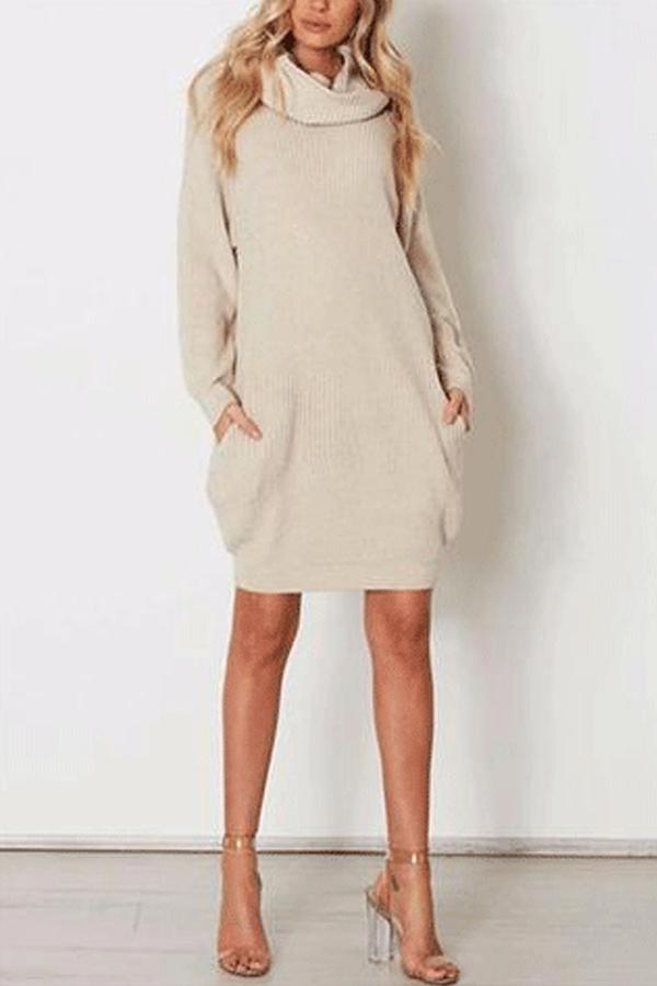 Casual Pure Color Callus Pile Neck Long Oversize Sweater Dress