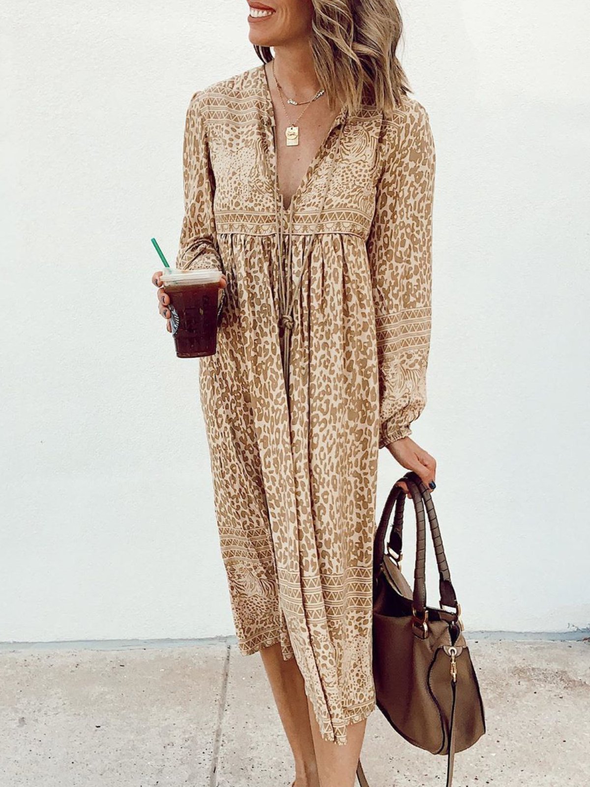 Khaki Long Sleeve Printed V Neck Dresses