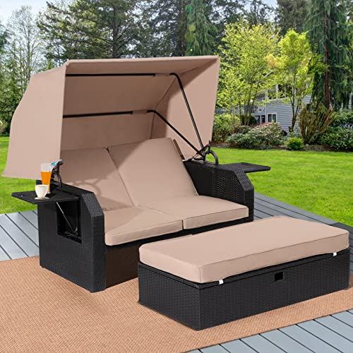 B BAIJIAWEI Outdoor Wicker Loveseat – Patio Furniture Set with Retractable Canopy, Adjustable Back, Side Table, Ottoman, Cushion – PE Rattan Sofa Set for Garden Poolside Backyard Lawn Porch