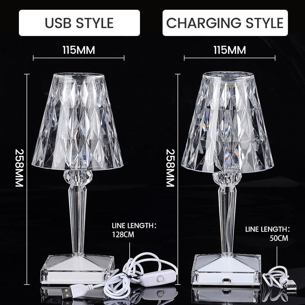 Crystal Table Lamp Diamond Acrylic LED USB Dimmable Bedroom Bedside Light Desk Night Lamp