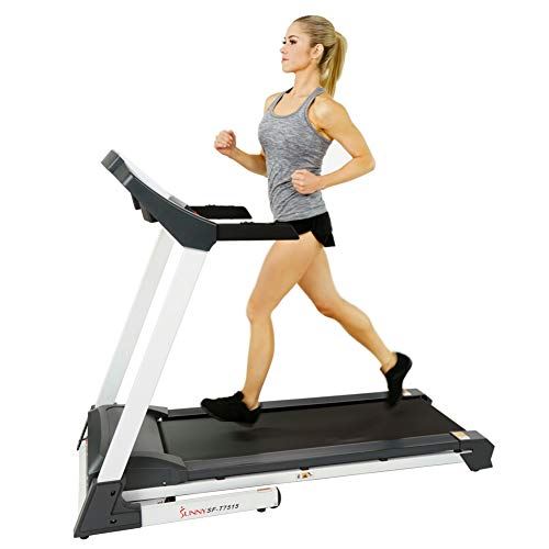 Sunny Health & Fitness Smart Treadmill with Auto Incline, Speakers, Bluetooth, LCD and Pulse Monitor- Grey