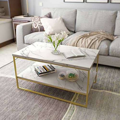 Roomfitters Marble Print Coffee Table with Gold Metal Legs for Living Room/2 Tier