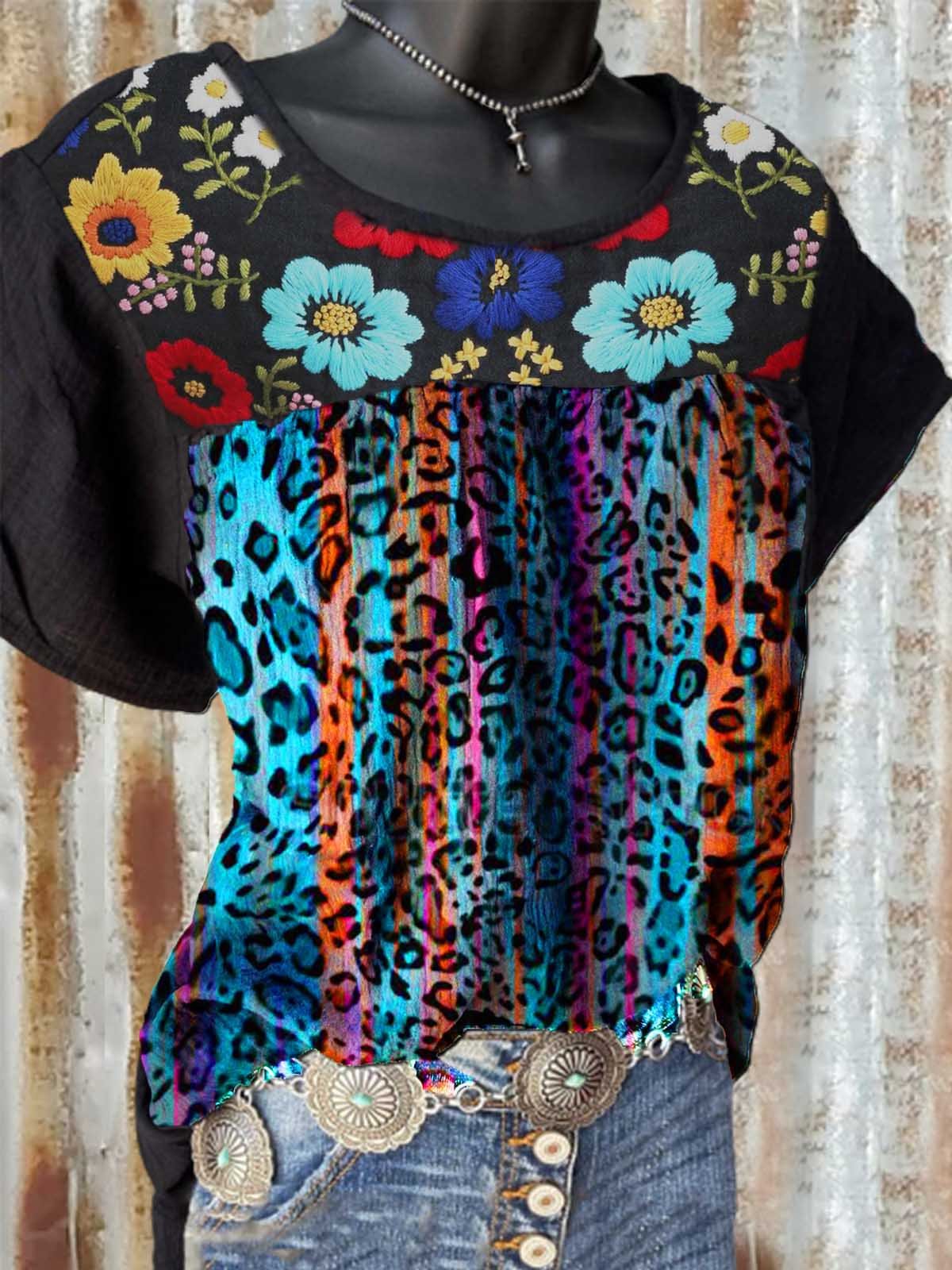 Shift Short Sleeve Floral Cotton-Blend Shirts & Tops