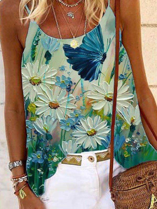 Floral-print Sleeveless Cotton-Blend Casual Shirts & Tops