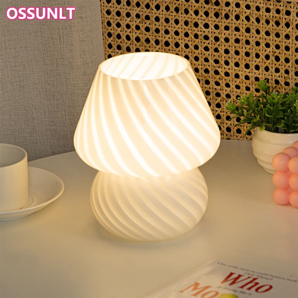 Glass LED Mushroom Table Lamp Bedroom Bedside Lampe Striped Mushroom