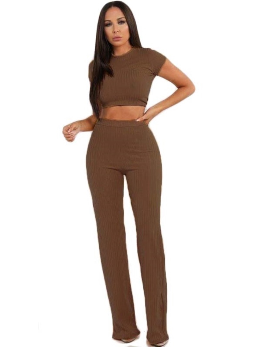 Matching 2PC Plain Knitted Crop Top and Pants Set