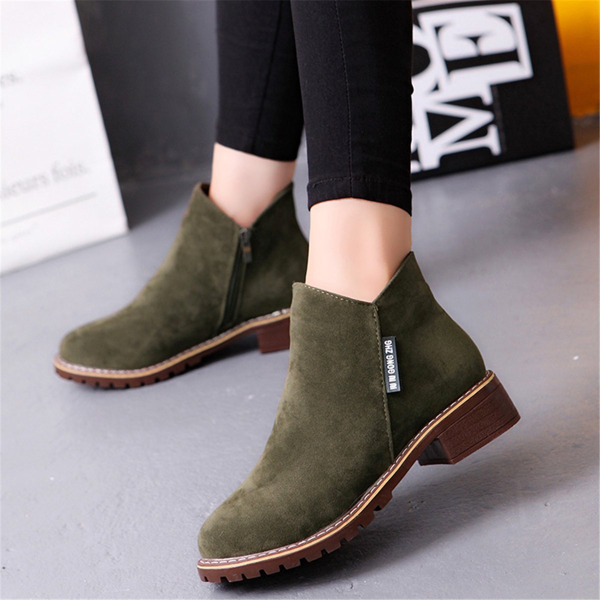 Green Slip-On Women's Suede Ankle Boots