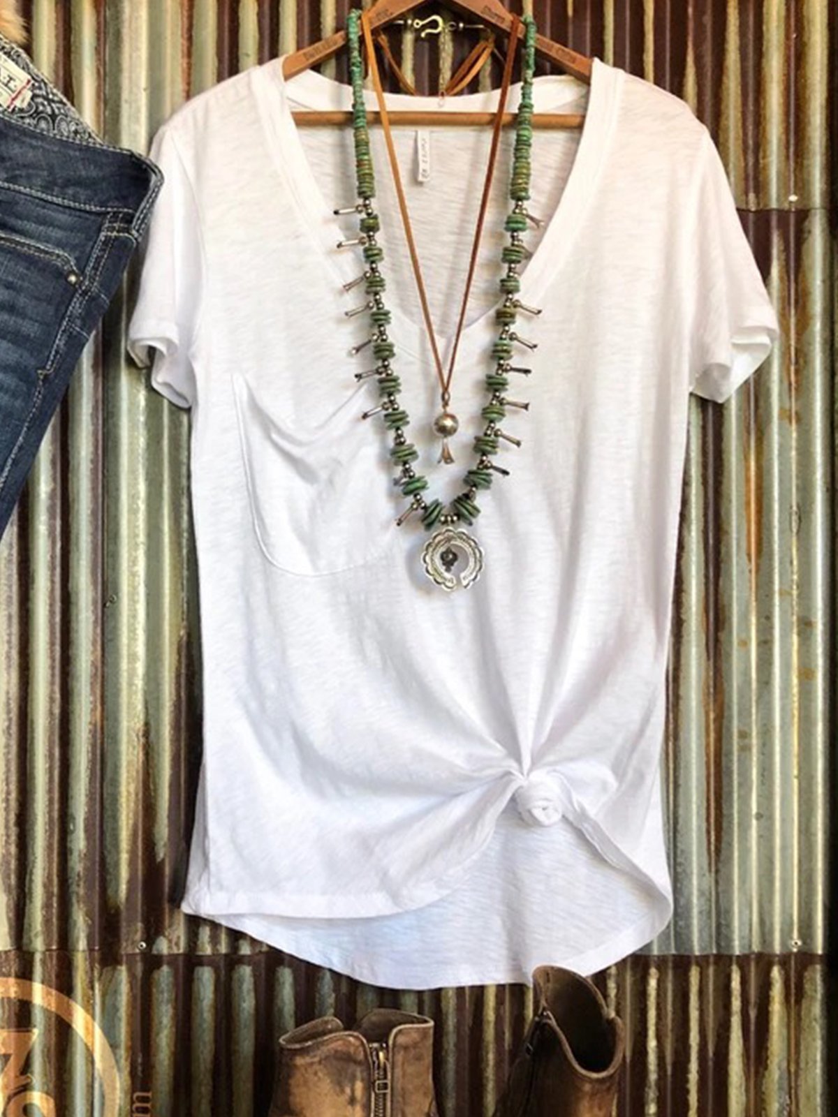 Plus Size Short Sleeve Plain V Neck Cotton-Blend Shirts & Tops