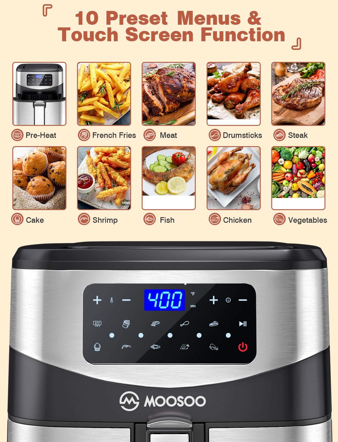Air Fryer 7.4 QT XL Capacity, 10-in-1 Electric Air Fryers Oven, 1700W Stainless Steel Airfryer with Digital Screen