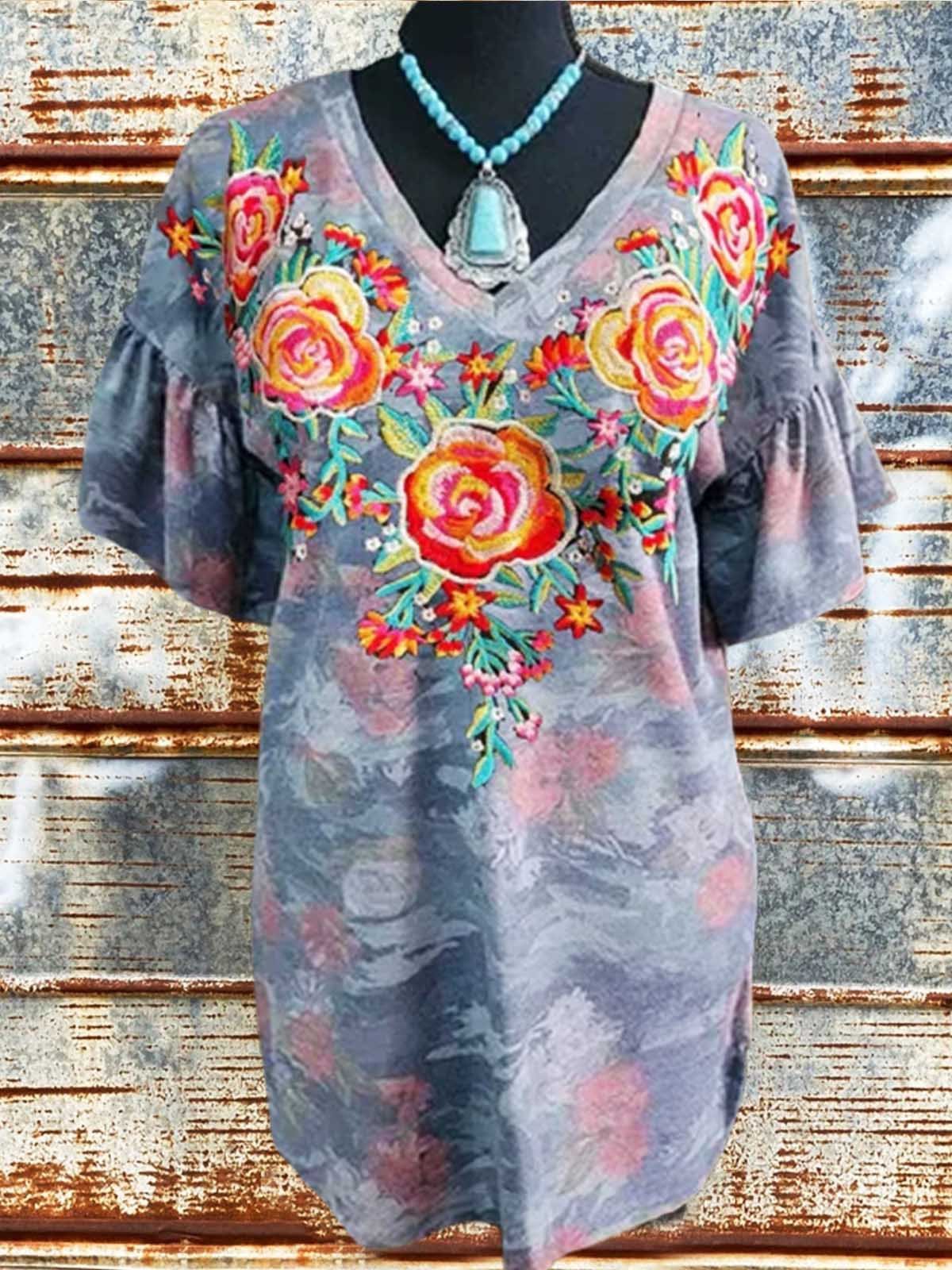 Floral Casual Paneled Short Sleeve Shirts & Tops