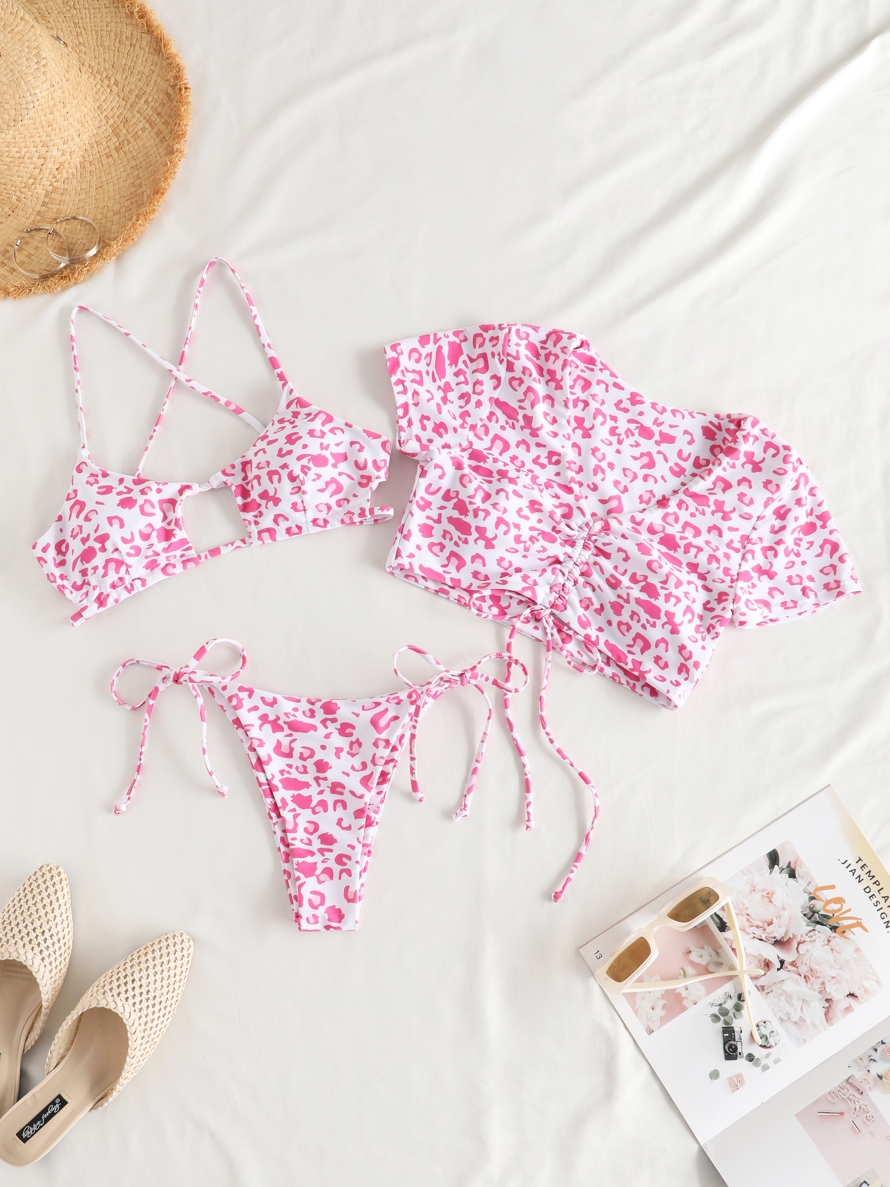 Leopard Print Cinched Three-Piece Bikini